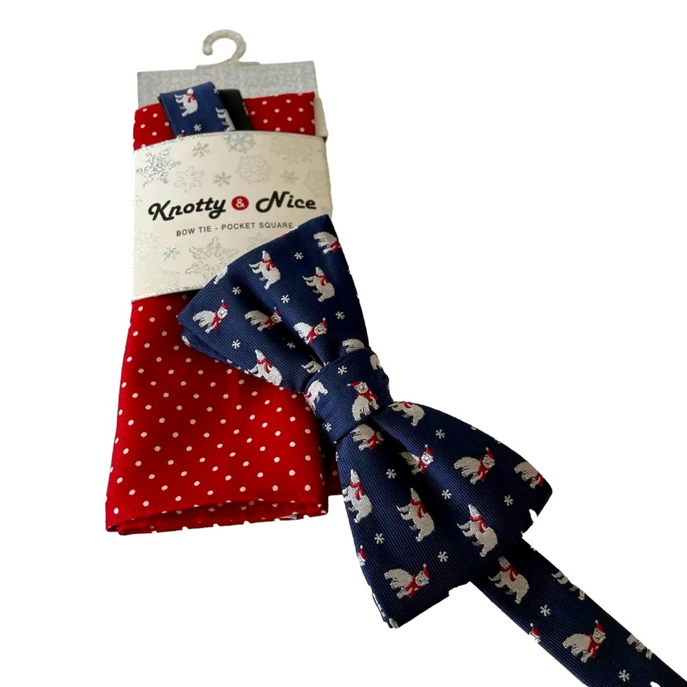 Knotty & Nice Christmas Santa Polar Bear Bow Tie & Pocket Square New